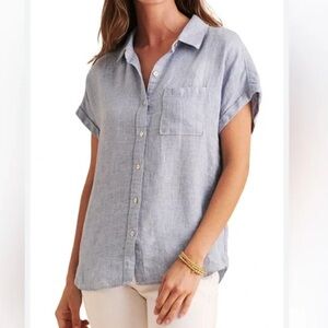 Faherty Avery Linen Short Sleeve Button Down Top Blue Basketweave.  21